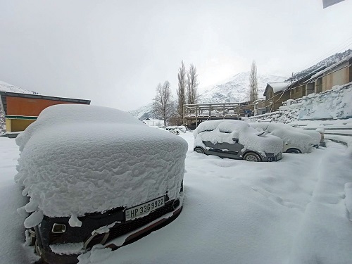 Vehicles are covered in a thick blanket of snow as the upper reaches of Himachal Pradesh receives heavy snowfall/ANI Photo