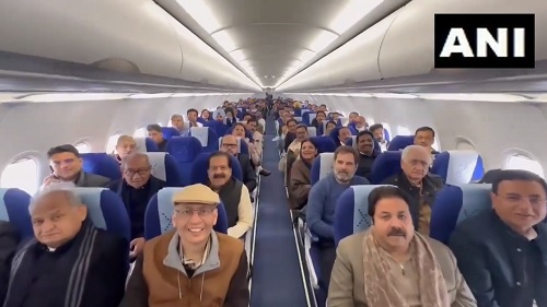 Congress leaders including Rahul Gandhi, Ashok Gehlot, Digvijaya Singh and Salman Khurshid in the special flight at Delhi airport./ANI on X