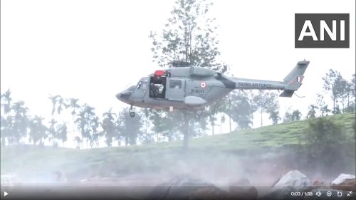 An IAF chopper carries out a rescue operation in Wayanad