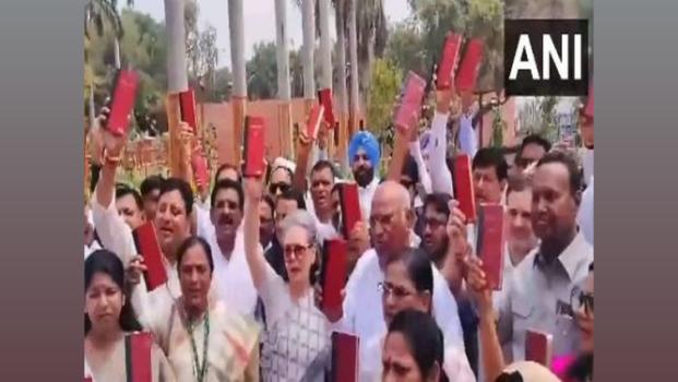 INDIA bloc leaders protest holding copy of Constitution