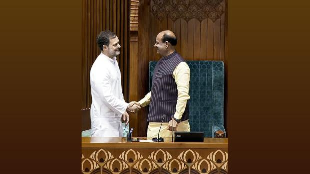 LOP Rahul Gandhi with newly elected Lok Sabha speaker Om Birla/ANI Photo