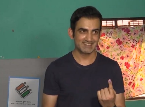 BJP East Delhi MP and ex-cricketer Gautam Gambhir after casting his vote at a booth in New Delhi/ANI on X