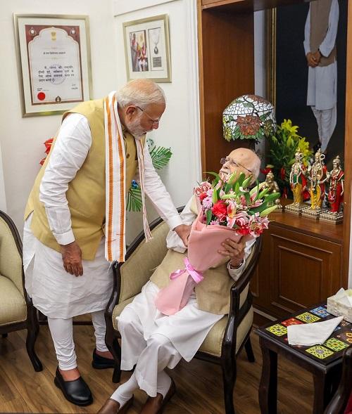 PM Narendra Modi meets BJP veteran leader LK Advani to wish him on the occasion of his birthday, in New Delhi/ANI Photo