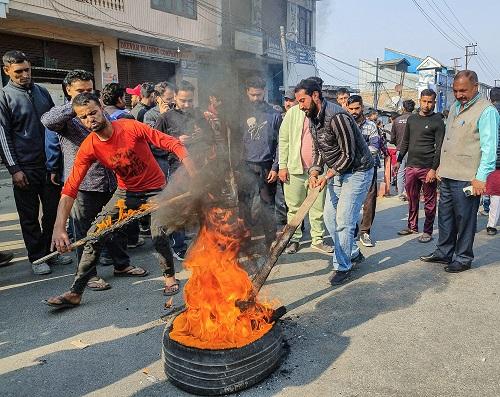 Sanatan Dharm Sabha activists protest the killing of two VDGs, in Kishtwar, J-K on Friday/ANI Photo