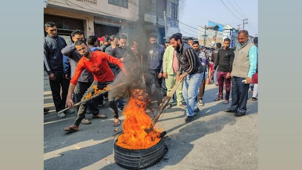 Sanatan Dharm Sabha activists protest the killing of two VDGs, in Kishtwar, J-K on Friday/ANI Photo
