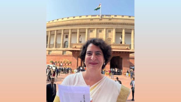 Priyanka Gandhi Vadra outside Parliament yesterday