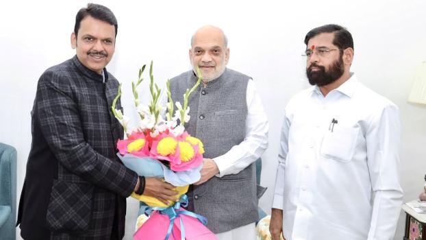 Fadnavis and Shinde (looking none too happy) with Amit Shah after the polls