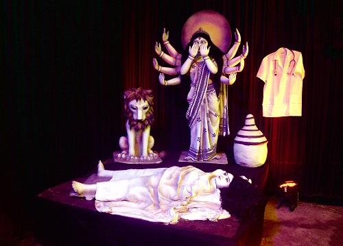 Goddess Durga's eyes are seen closed at a Durga Puja pandal themed Lajja based on RG Kar murder case, in Kolkata/ANI Photo