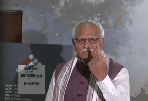 Union minister Manohar Lal Khattar after casting his vote at a polling station in Karnal in Haryana/ANI on X