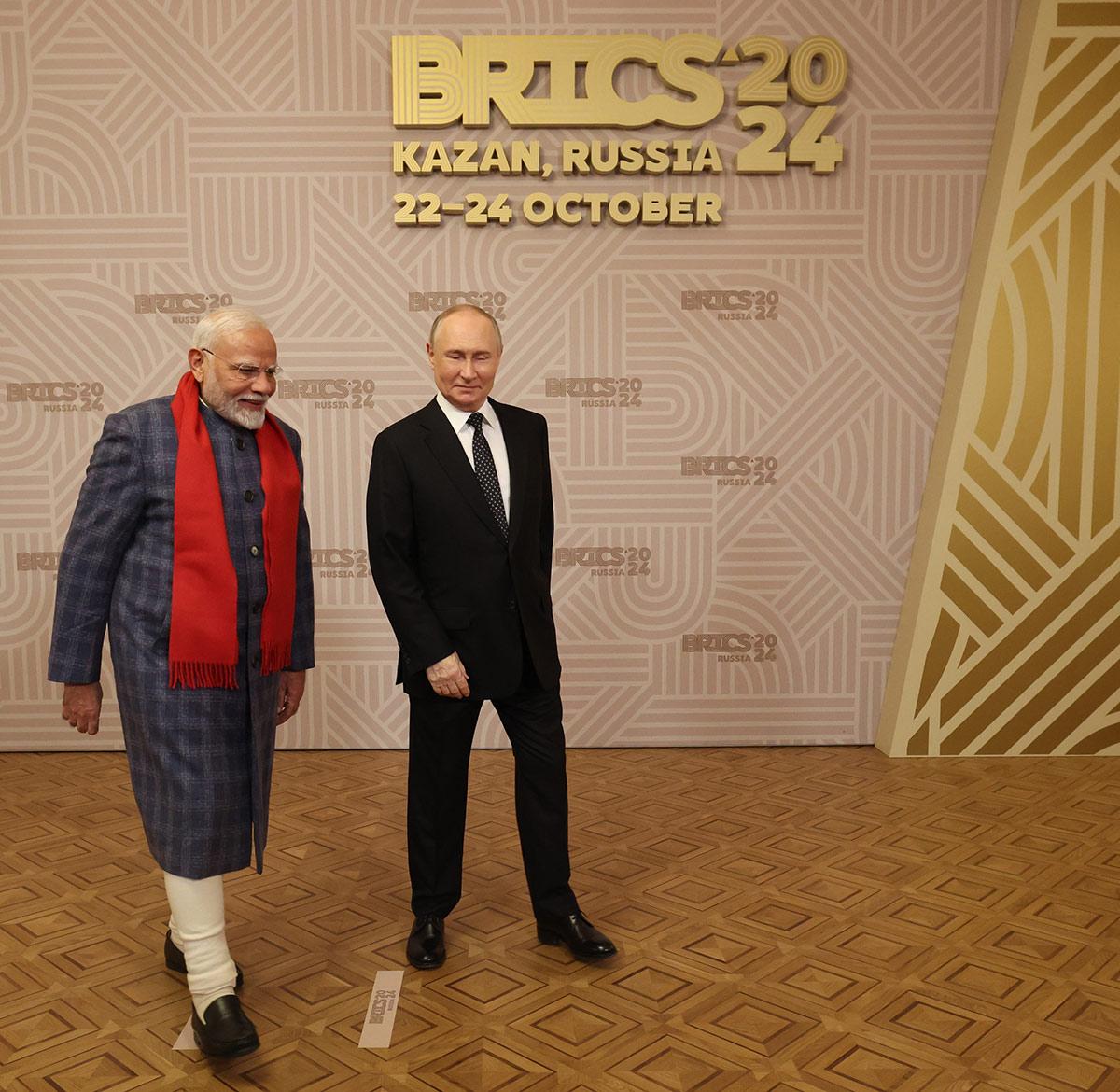 The President of Russian Federation, Mr. Vladimir Putin welcomes Prime Minister Narendra Modi at the dinner hosted for BRICS leaders at Kazan, in Russia on October 22, 2024.