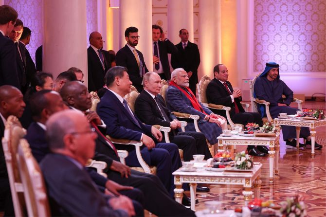 The President of Russian Federation, Mr. Vladimir Putin welcomes Prime Minister Narendra Modi at the dinner hosted for BRICS leaders at Kazan, in Russia on October 22, 2024.