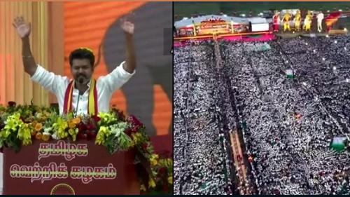 TVK leader and top Tamil actor Vijay addresses his maiden public rally in TN/ANI Photo