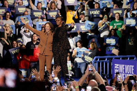 Kamala Harris and Michelle Obama attend a campaign event