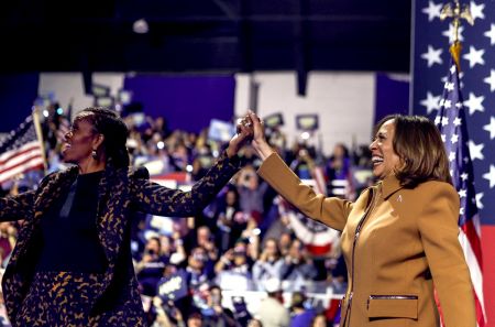 Kamala Harris and Michelle Obama attend a campaign event