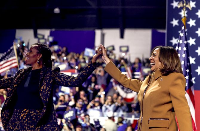 Kamala Harris and Michelle Obama attend a campaign event