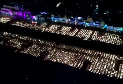 Sarayu Ghat is lit up with diyas and colourful lights in Ayodhya/ANI on X