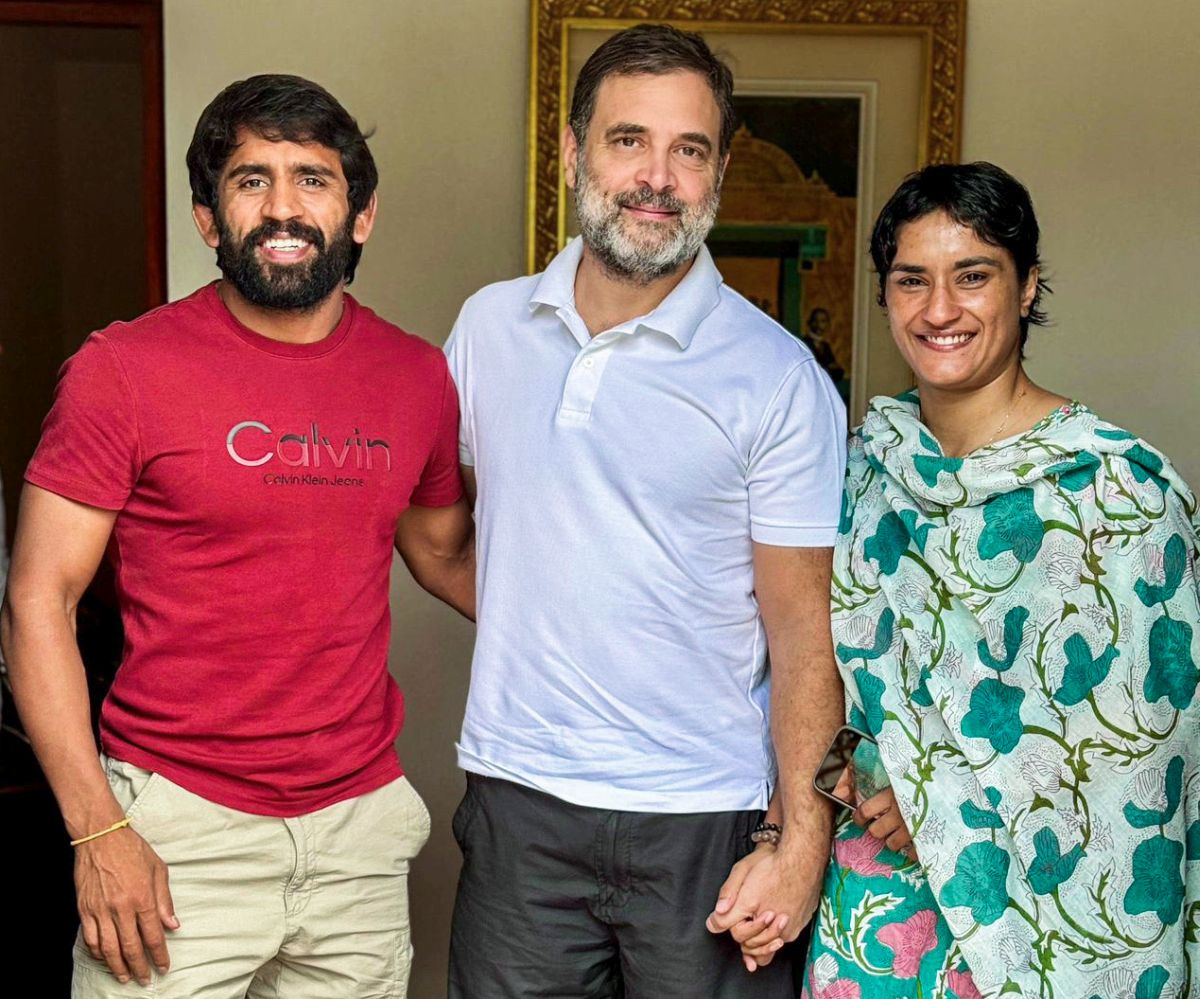 Wrestlers Vinesh Phogat and Bajrang Punia meet with Leader of Opposition in Lok Sabha Rahul Gandhi, in New Delhi on Wednesday, September 4