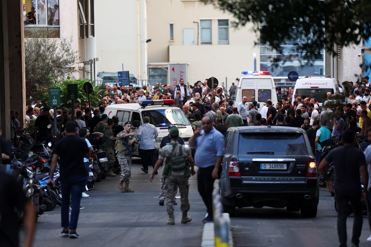 Crowds outside a hospital in Beirut