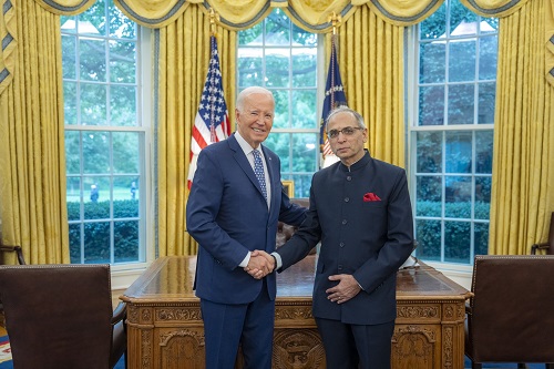 India's ambassador to the US Vinay Mohan Kwatra and US President Joe Biden/Courtesy @AmbVMKwatra on X