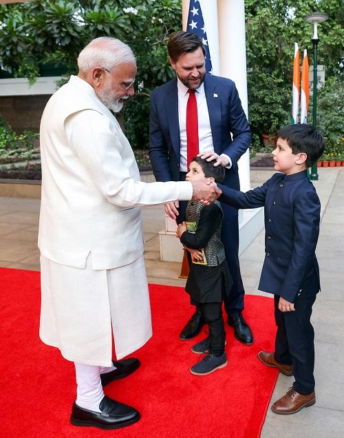 PM Narendra Modi welcomes US Vice President JD Vance and his children to his official residence/ANI Photo