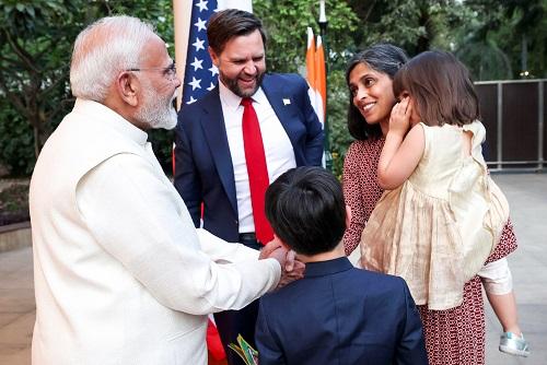 PM Narendra Modi welcomes US Vice President JD Vance and Second Lady Usha Vance and their children to his official residence./ANI Photo
