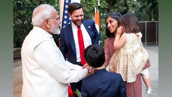 PM Narendra Modi welcomes US Vice President JD Vance and Second Lady Usha Vance and their children to his official residence./ANI Photo