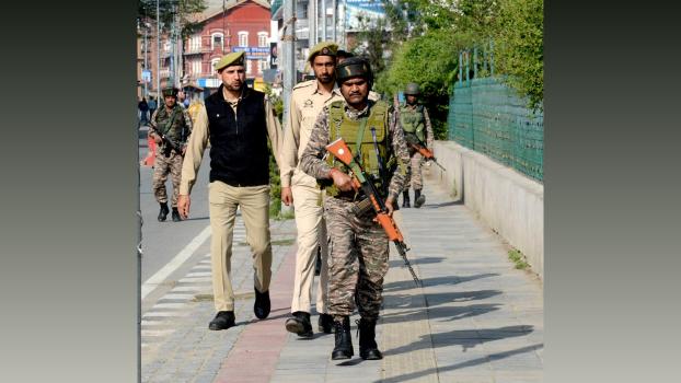 Security has been upped in Kashmir which has shut down today. Pic: Umar Ganie