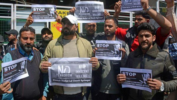 Traders in Srinagar protest the horrific attack. Pic: Umar Ganie
