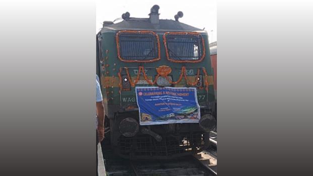 The first freight train arrives in the Kashmir Valley on Saturday./ANI Photo