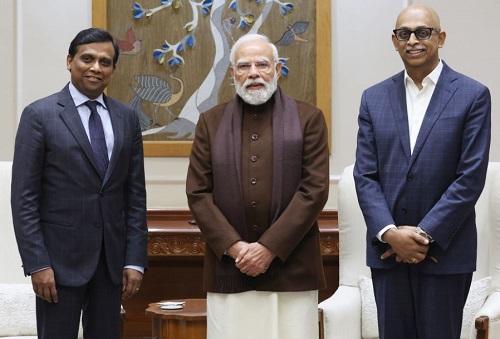 Cognizant CEO Ravi Kumar S (L) and Cognizant India CMD Rajesh Varrier (R) meet PM Narendra Modi./Courtesy Cognizant on X