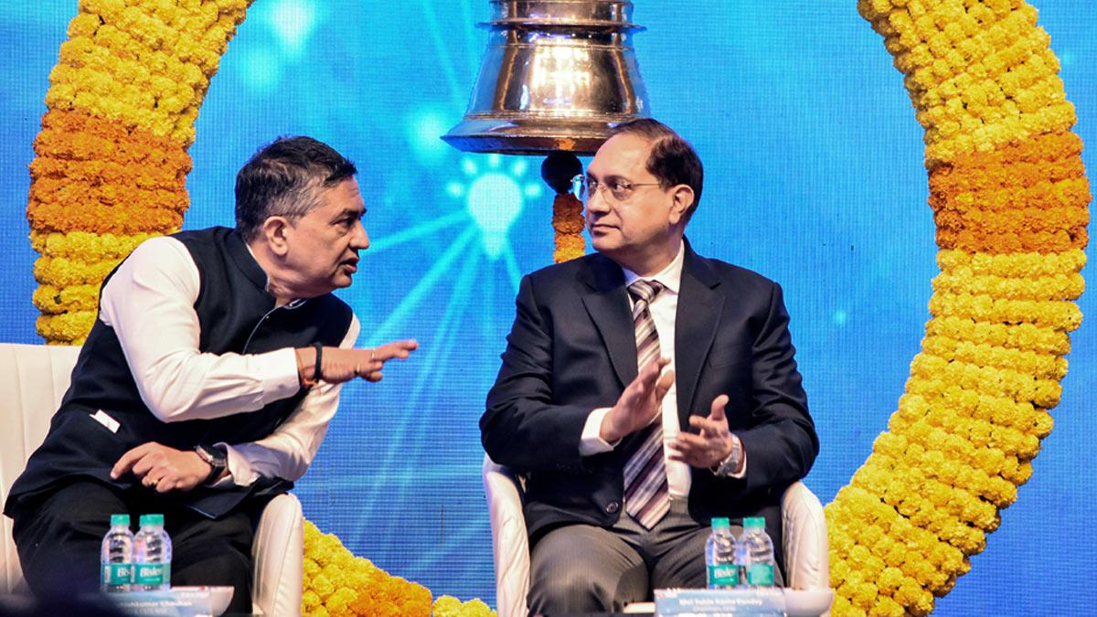 SEBI Chairman Tuhin Kanta Pandey and NSE MD & CEO Ashishkumar Chauhan at the launch of the 'Past Risk and Return Verification Agency' (PaRRVA), a global-first initiative introduced by SEBI, at the NSE in Mumbai, December 8, 2025. Photograph: ANI Photo