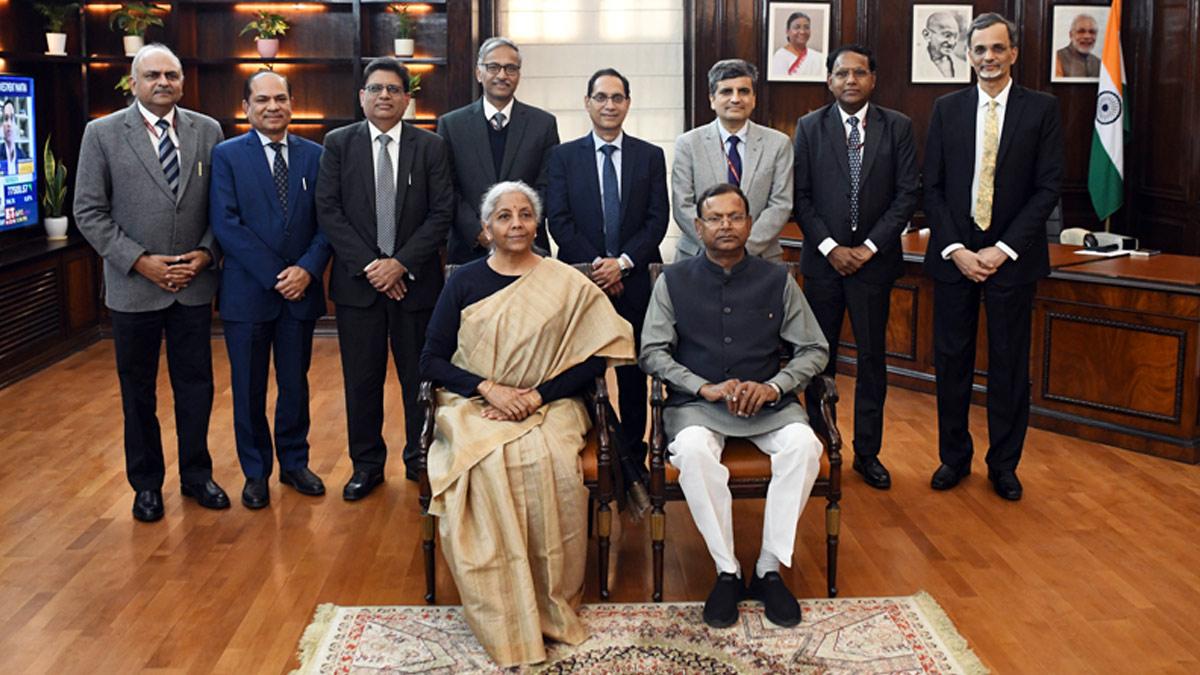 Finance Minister Nirmala Sitharaman poses for a picture with the Budget team