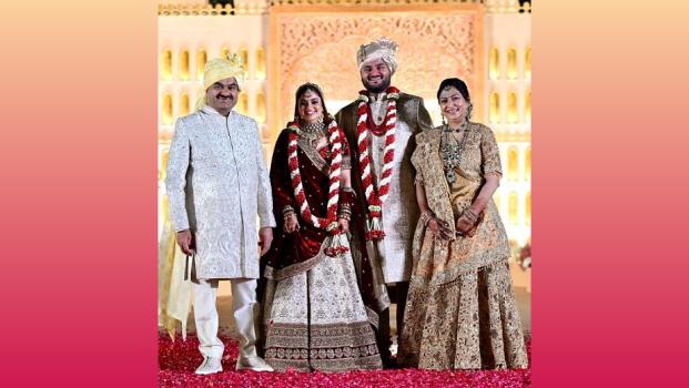 Adani Group chief Gautam Adani with his newly married son Jeet Adani and his wife Diva Shah, in Ahmedabad/ANI Photo