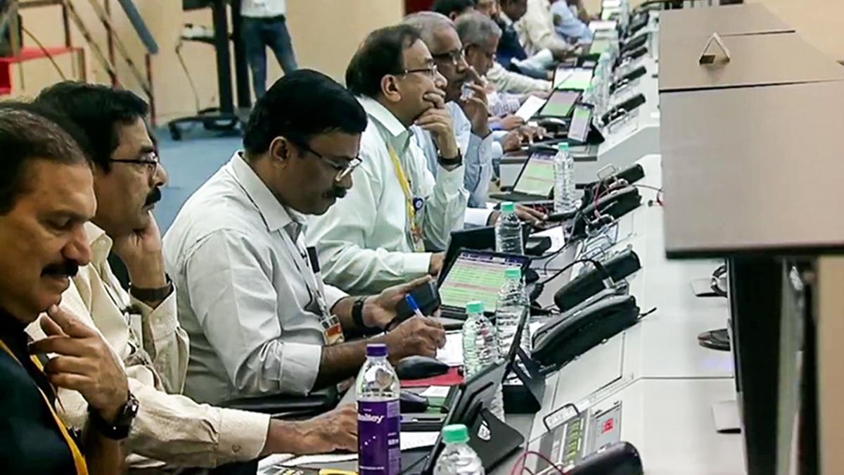 ISRO scientists monitor the launch of its 100th mission