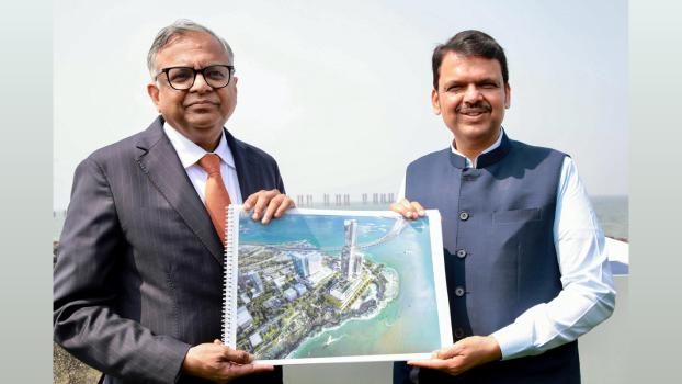 Devendra Fadnavis and Tata Sons and Tata Group Chairman N. Chandrasekaran at the foundation stone laying of the Taj Bandstand hotel
