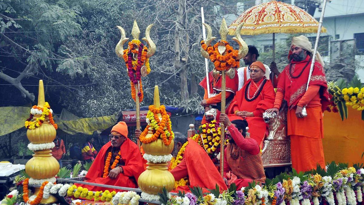 Seers from the Shri Taponidhi Anand Panchayati Akhara take part in the Peshwai procession, here and below, January 6, 2025