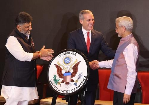 External Affairs Minister S Jaishankar greets US ambassador to India Eric Garcetti as K'taka deputy CM DK Shivakumar looks on during the inauguration of the US Consulate, in Bengaluru/ANI Photo