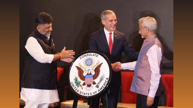 External Affairs Minister S Jaishankar greets US ambassador to India Eric Garcetti as K'taka deputy CM DK Shivakumar looks on during the inauguration of the US Consulate, in Bengaluru/ANI Photo
