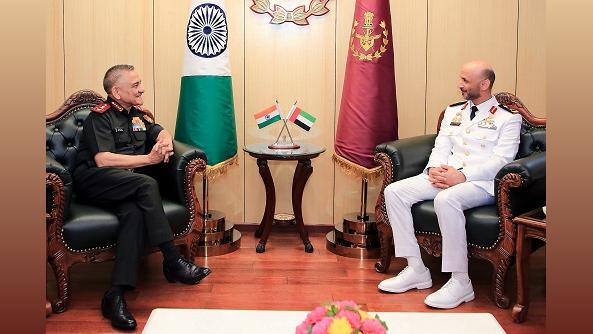 Commander UAE Naval Forces Major General Staff Humaid Mohd Abdullah AI Rumaithi calls on CDS General Anil Chauhan, in New Delhi./ANI Photo