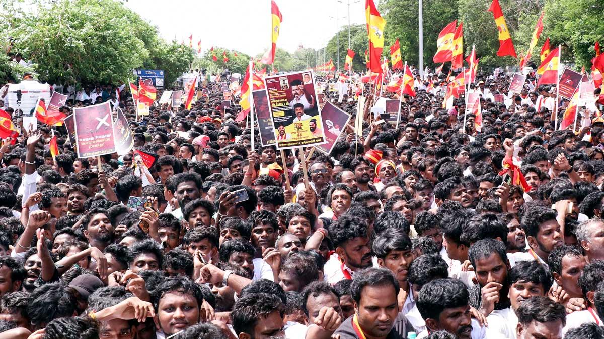 Tamilaga Vettri Kazhagam supporters take part in a protest