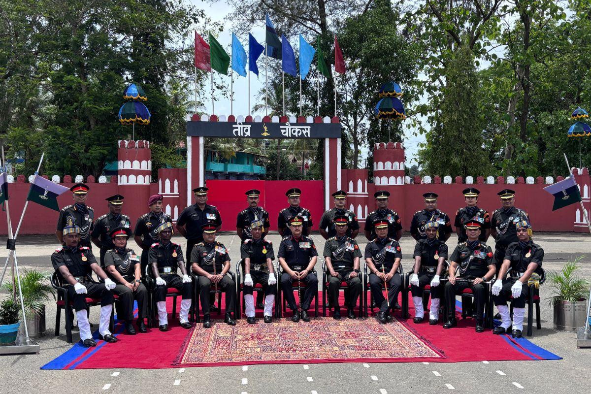 Brigadier Harsh Bhatia, Commandant, 2 Signal Training Centre, Goa, centre, with Agniveer medal winners Piyush Ramesh Patil, Rajat Indauliya, Govind Kumar, Devara Siva and Bikash Gauda and senior 2 Signal Training Centre officers at the Passing Out Parade, June 3, 2025
