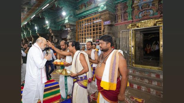 Union Home Minister Amit Shah prays at Meenakshi Amman Temple, in Madurai/ANI Photo