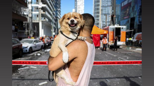 An Israeli carries his dog to safety amid strikes by Iran. Nir Elias/Reuters