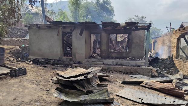 A house burnt in Pak shelling in Uri
