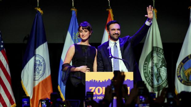 Zohran Mamdani celebrates with his wife Rama Duwaji. Pic: Jeenah Moon/Reuters