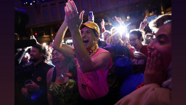 Supporters cheer Mamdani. Pic: Shannon Stapleton/Reuters
