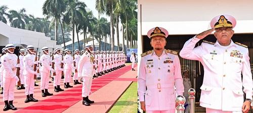 Pakistan Navy chief Admiral Naveed Ashraf being received with a guard of honour at Bangladesh Naval Headquarters/ISPS/ANI Photo