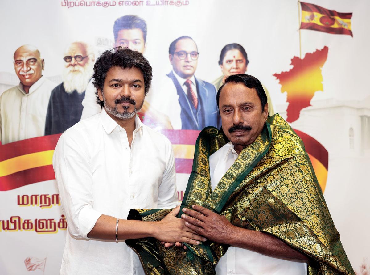 Former AIADMK veteran and nine-time MLA K.A. Sengottaiyan with TVK founder Vijay Former AIADMK veteran and nine-time MLA K.A. Sengottaiyan with TVK founder Vijay