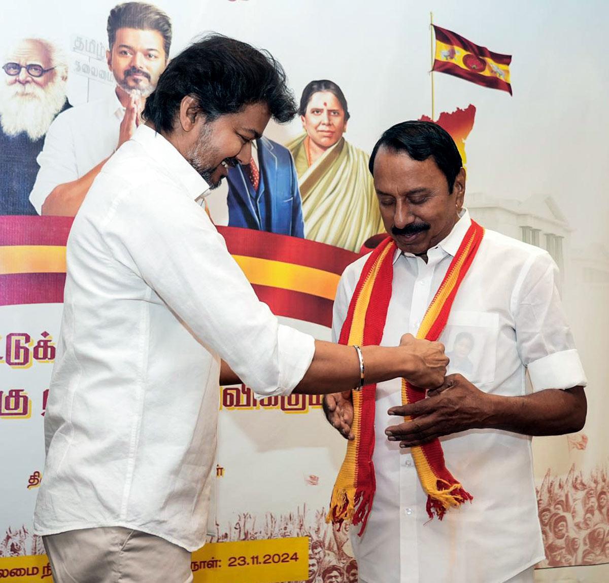 Former AIADMK veteran and nine-time MLA K.A. Sengottaiyan with TVK founder Vijay Former AIADMK veteran and nine-time MLA K.A. Sengottaiyan with TVK founder Vijay
