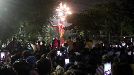 An effigy of Ravana set ablaze during Ravan Dahan in Jangpura An effigy of Ravana set ablaze during Ravan Dahan in Jangpura